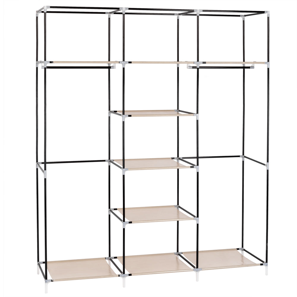 Portable Fabric Wardrobe with 2 Hanging Rails & 9 Shelves – Beige