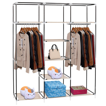 Portable Fabric Wardrobe with 2 Hanging Rails & 9 Shelves – Beige