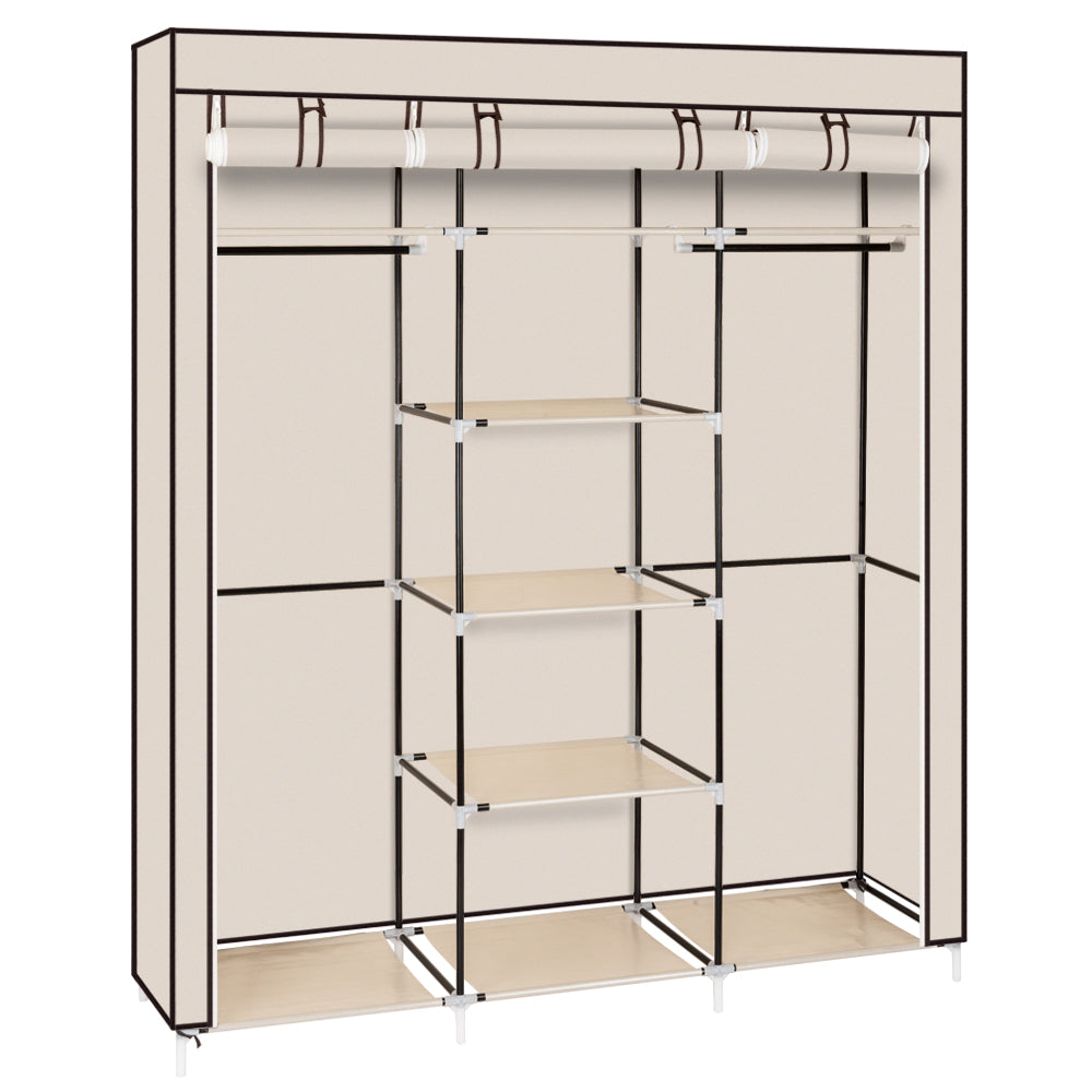 Portable Fabric Wardrobe with 2 Hanging Rails & 9 Shelves – Beige
