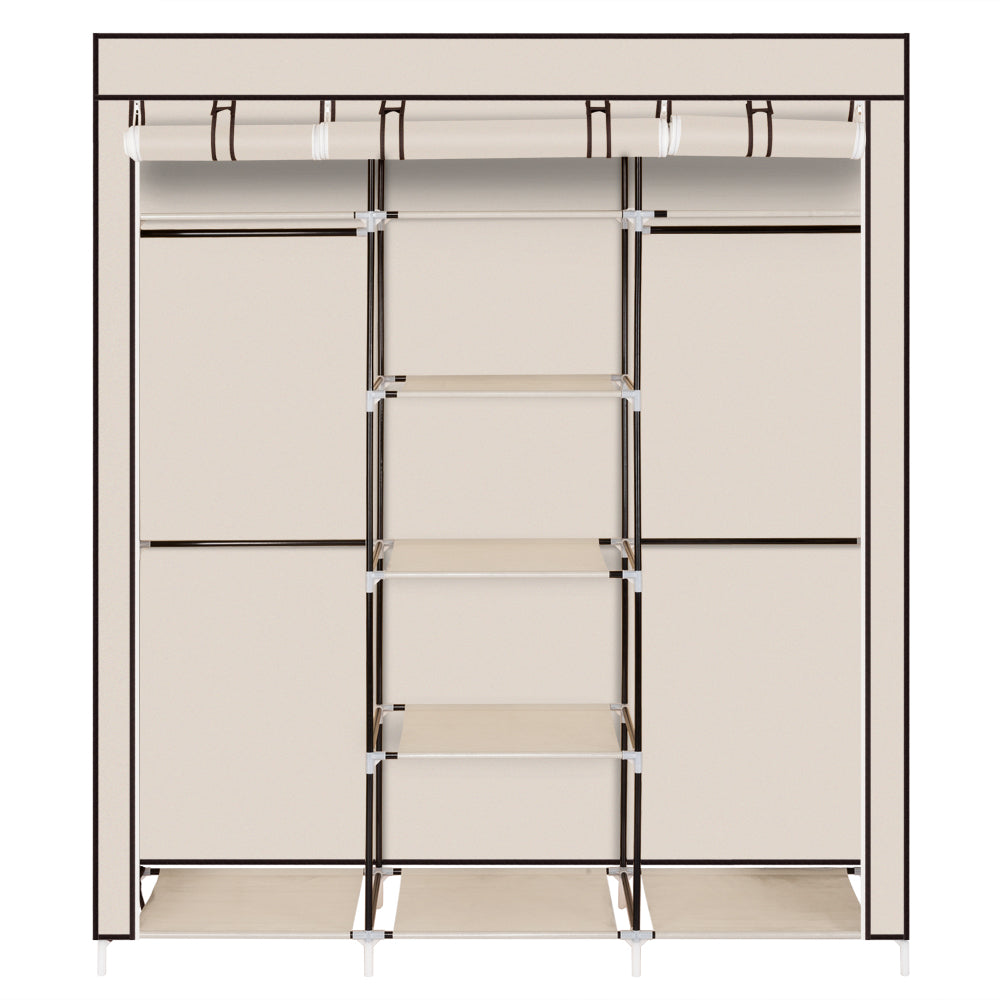 Portable Fabric Wardrobe with 2 Hanging Rails & 9 Shelves – Beige
