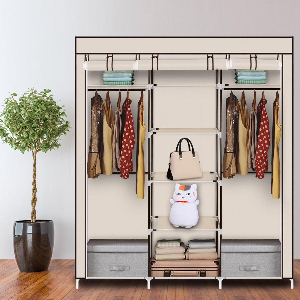 Portable Fabric Wardrobe with 2 Hanging Rails & 9 Shelves – Beige
