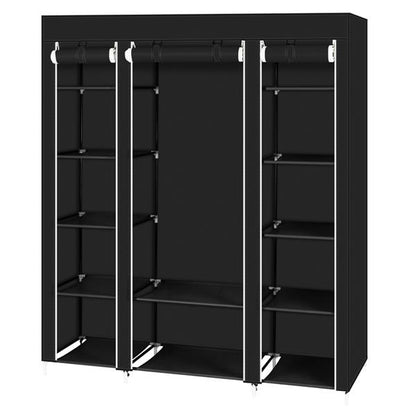 Portable Fabric Wardrobe with Hanging Rail & 12 Shelves – Black