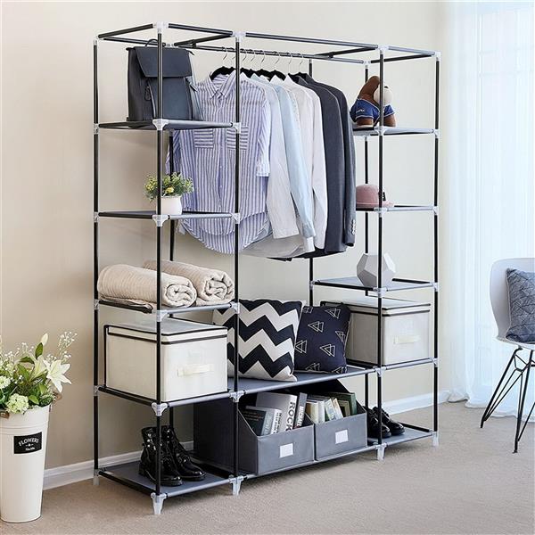 Portable Fabric Wardrobe with Hanging Rail & 12 Shelves – Black