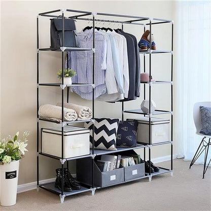 Portable Fabric Wardrobe with Hanging Rail & 12 Shelves – Black