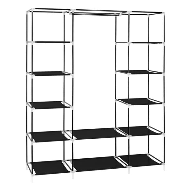Portable Fabric Wardrobe with Hanging Rail & 12 Shelves – Black