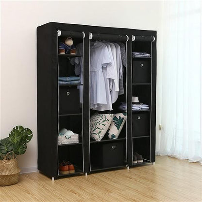 Portable Fabric Wardrobe with Hanging Rail & 12 Shelves – Black