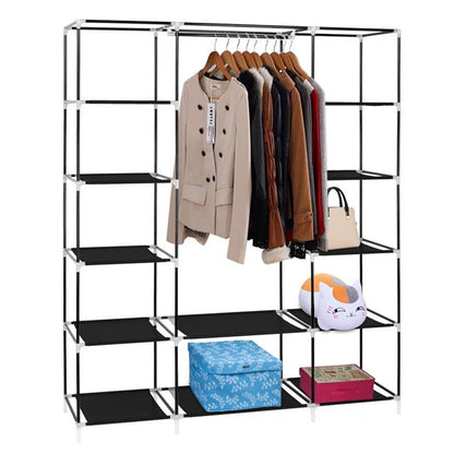 Portable Fabric Wardrobe with Hanging Rail & 12 Shelves – Black