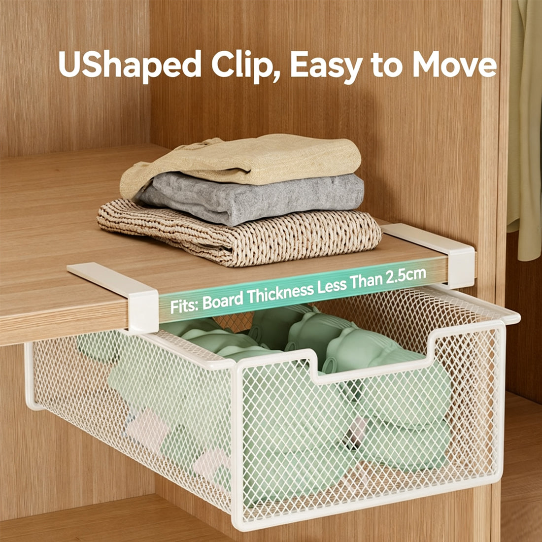 Pull-Out Under-Shelf Storage Basket – White Metal Mesh Organiser
