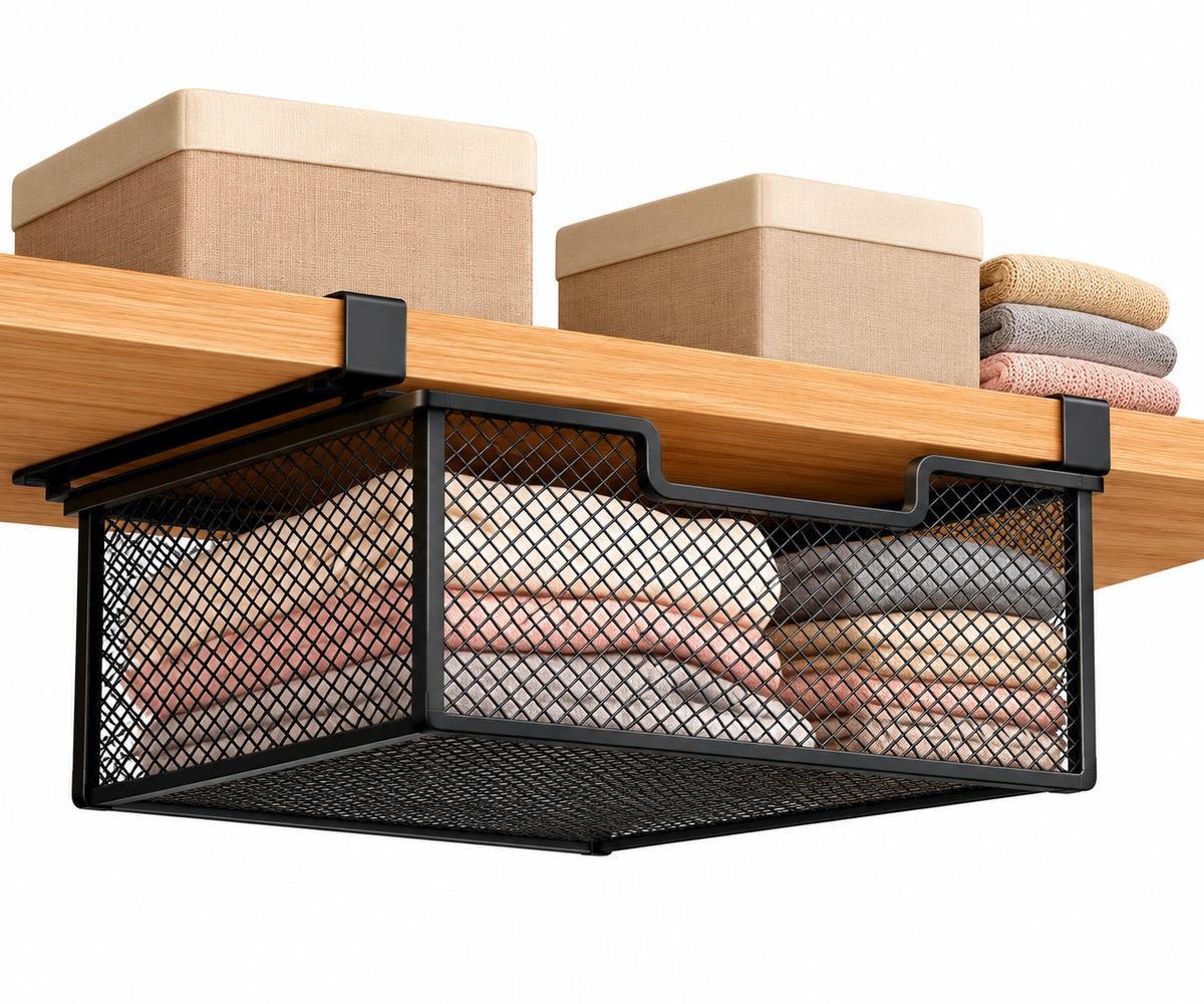 Pull-Out Under-Shelf Storage Basket – Black Metal Mesh Organiser