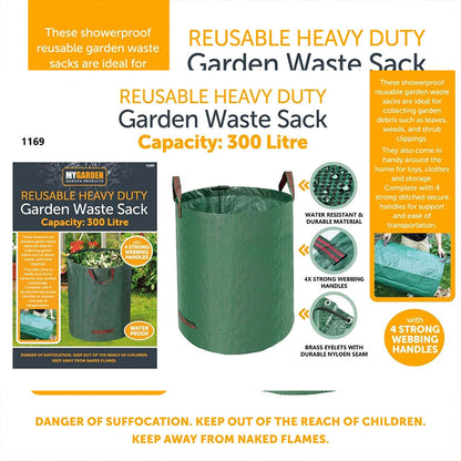 300L Heavy Duty Reusable Garden Waste Bag with Zipper & Handles