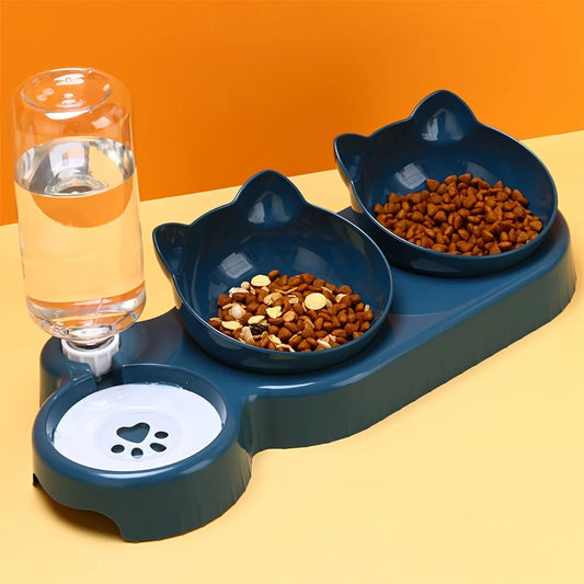 3-in-1 Ear Design Tilted Pet Water And Food Bowl Set With Gravity Water Bottle For Neck Protection