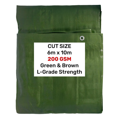 Heavy Duty L‑Grade Tarpaulin 6m x 10m (200 GSM) – Green/Brown