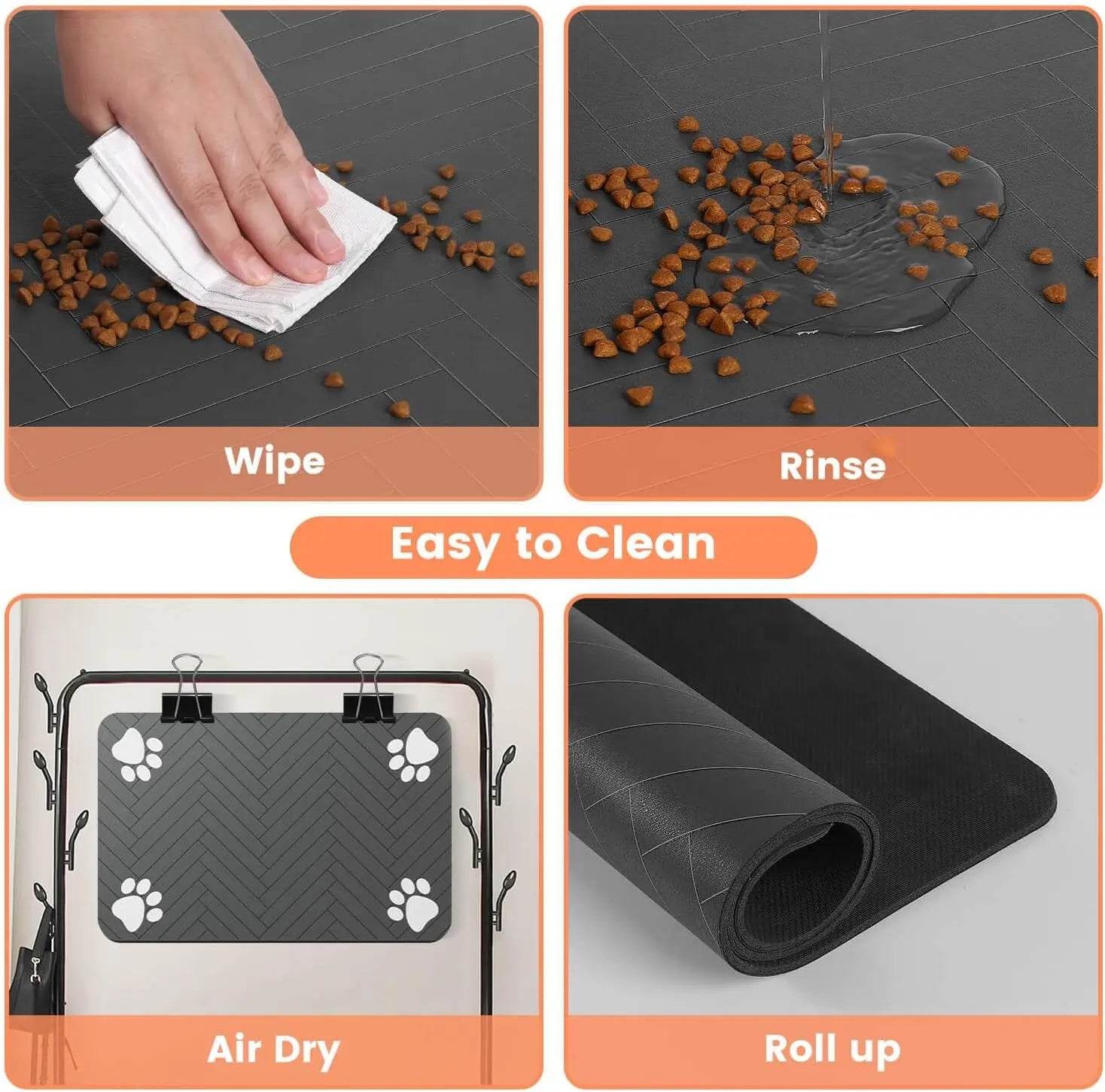 Fitzsi Essentials absorbent pet feeding mat showing easy cleaning steps including wipe, rinse, and air dry