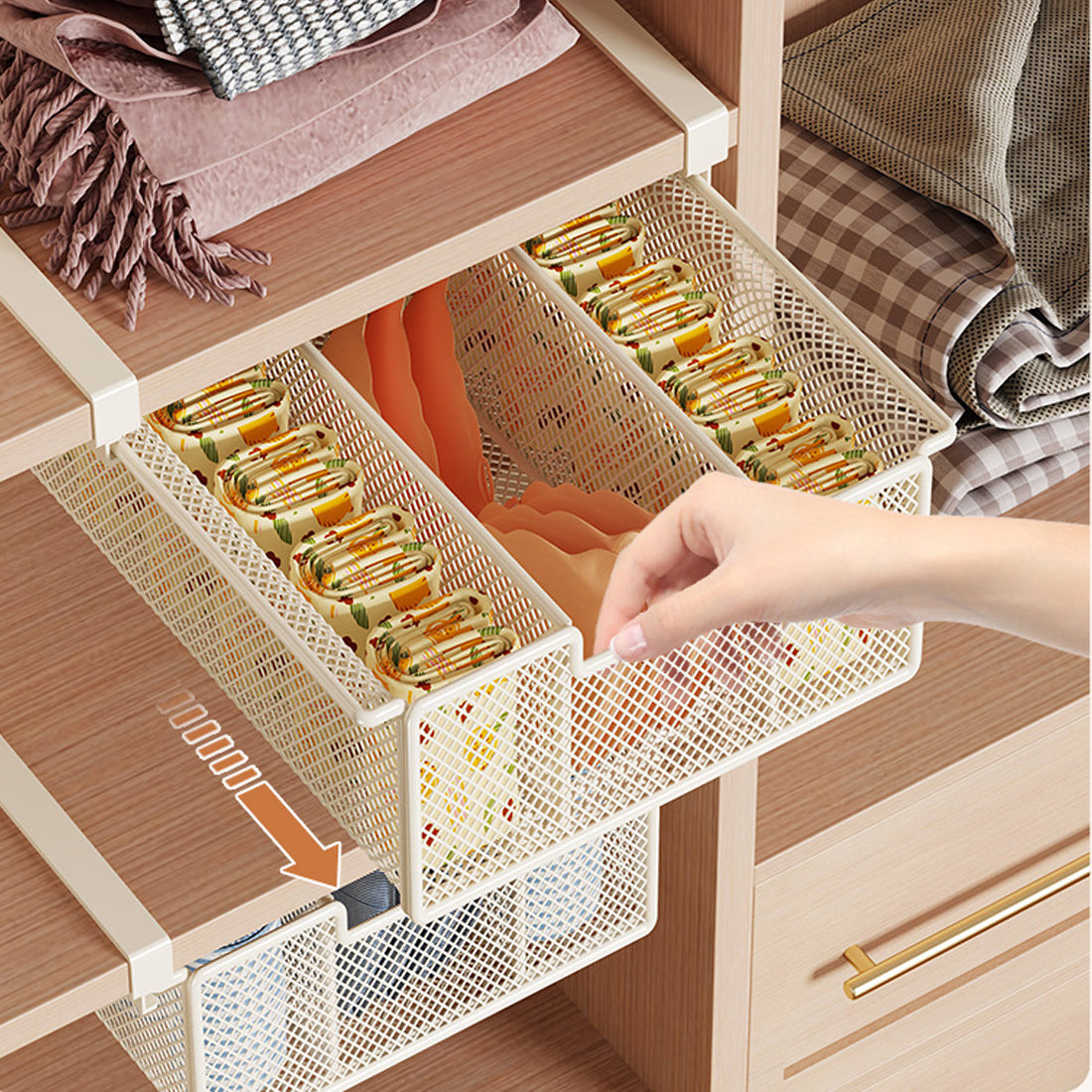 Pull-Out Under-Shelf Storage Basket – White Metal Mesh Organiser