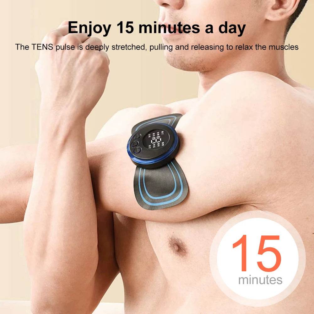 Fitzsi Essentials EMS neck massager patch for pain relief applied on a person's arm for muscle relaxation