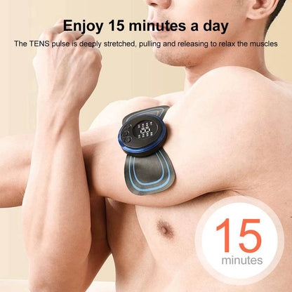 Fitzsi Essentials EMS neck massager patch for pain relief applied on a person's arm for muscle relaxation