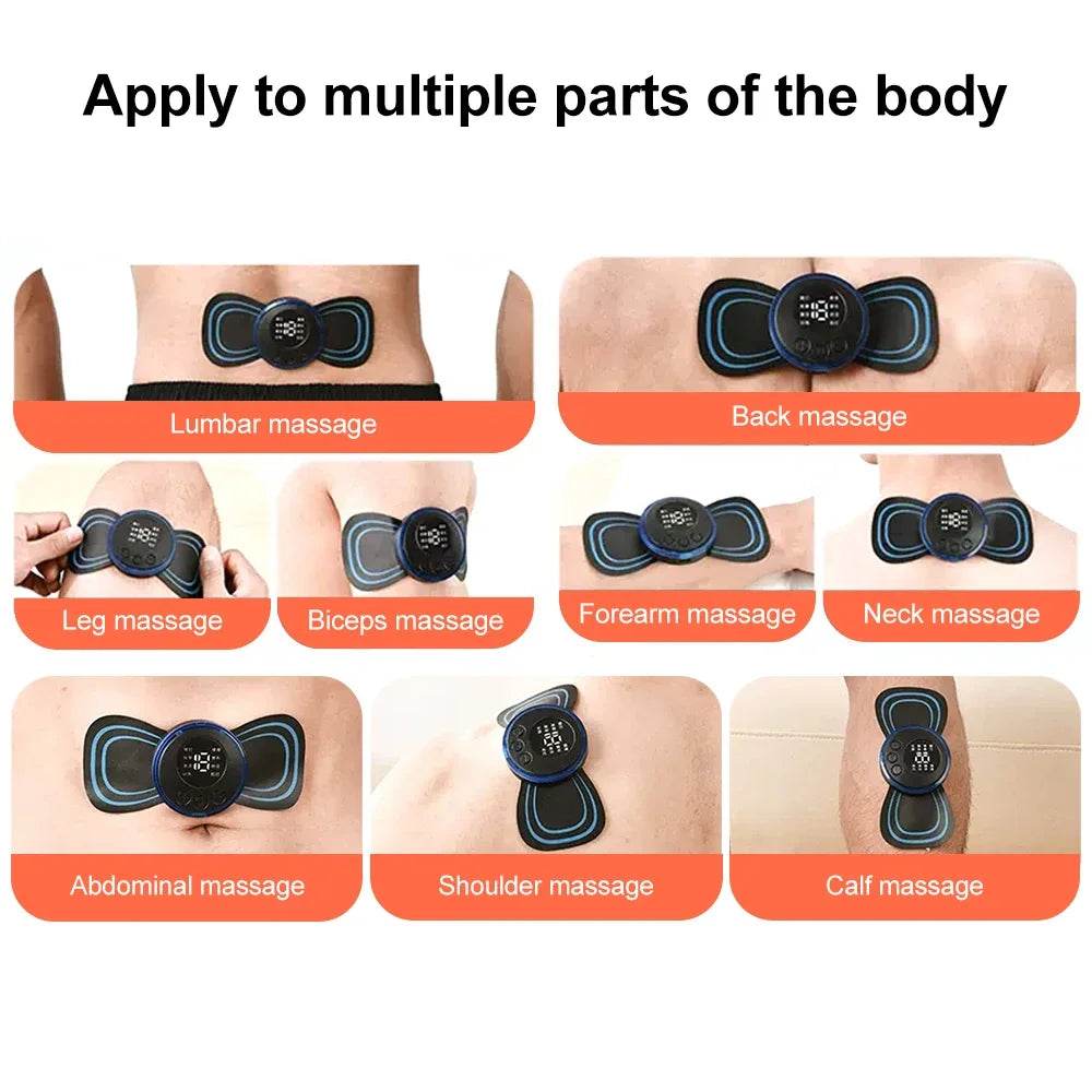 Fitzsi Essentials EMS neck massager patch for pain relief applied on various body parts like back and legs