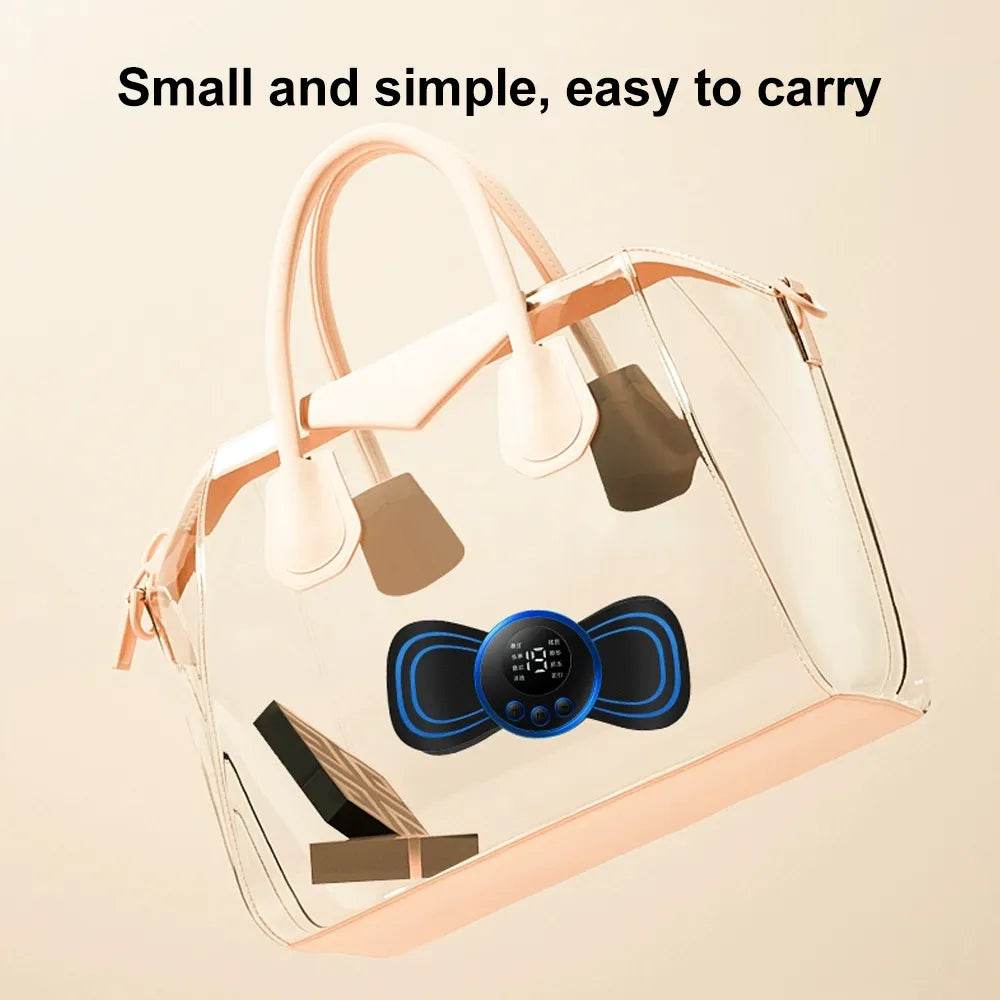 Fitzsi Essentials EMS neck massager patch for pain relief displayed in a stylish handbag