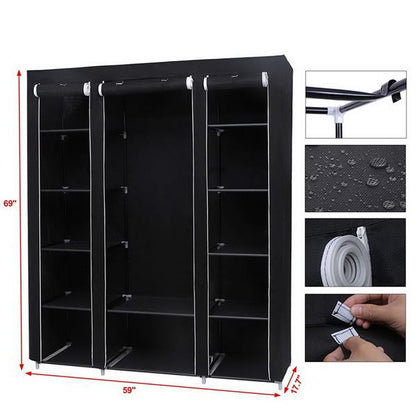 Portable Fabric Wardrobe with Hanging Rail & 12 Shelves – Black