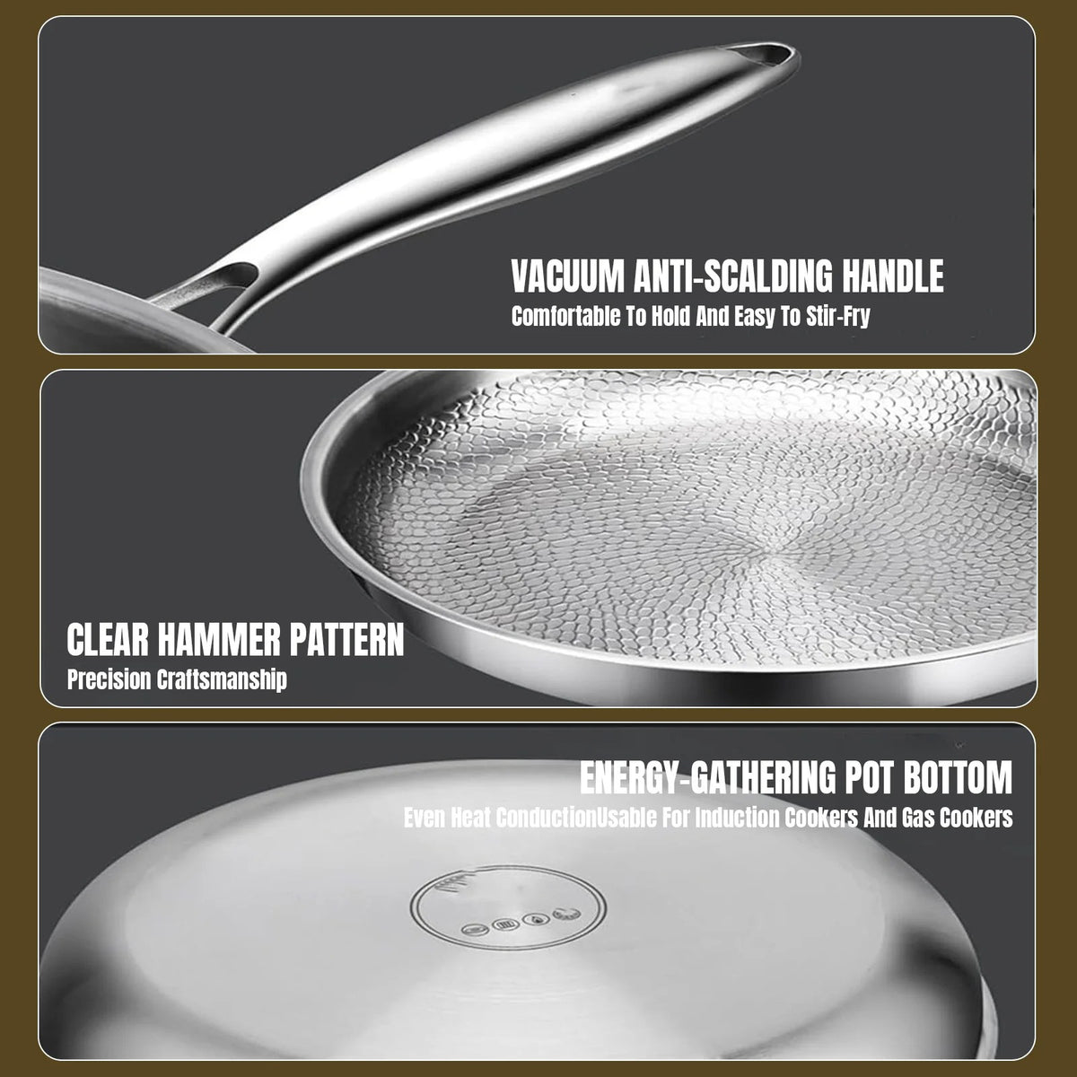 Stainless Steel Hammered Frying Pan with Glass Lid – 26cm, 28cm & 30cm
