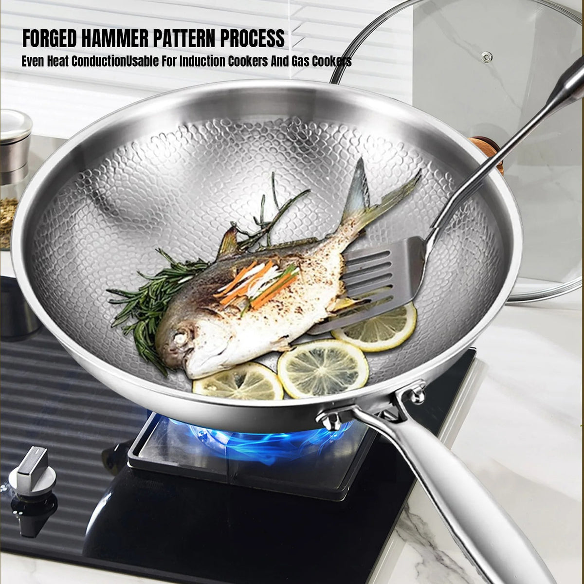 Stainless Steel Hammered Frying Pan with Glass Lid – 26cm, 28cm & 30cm
