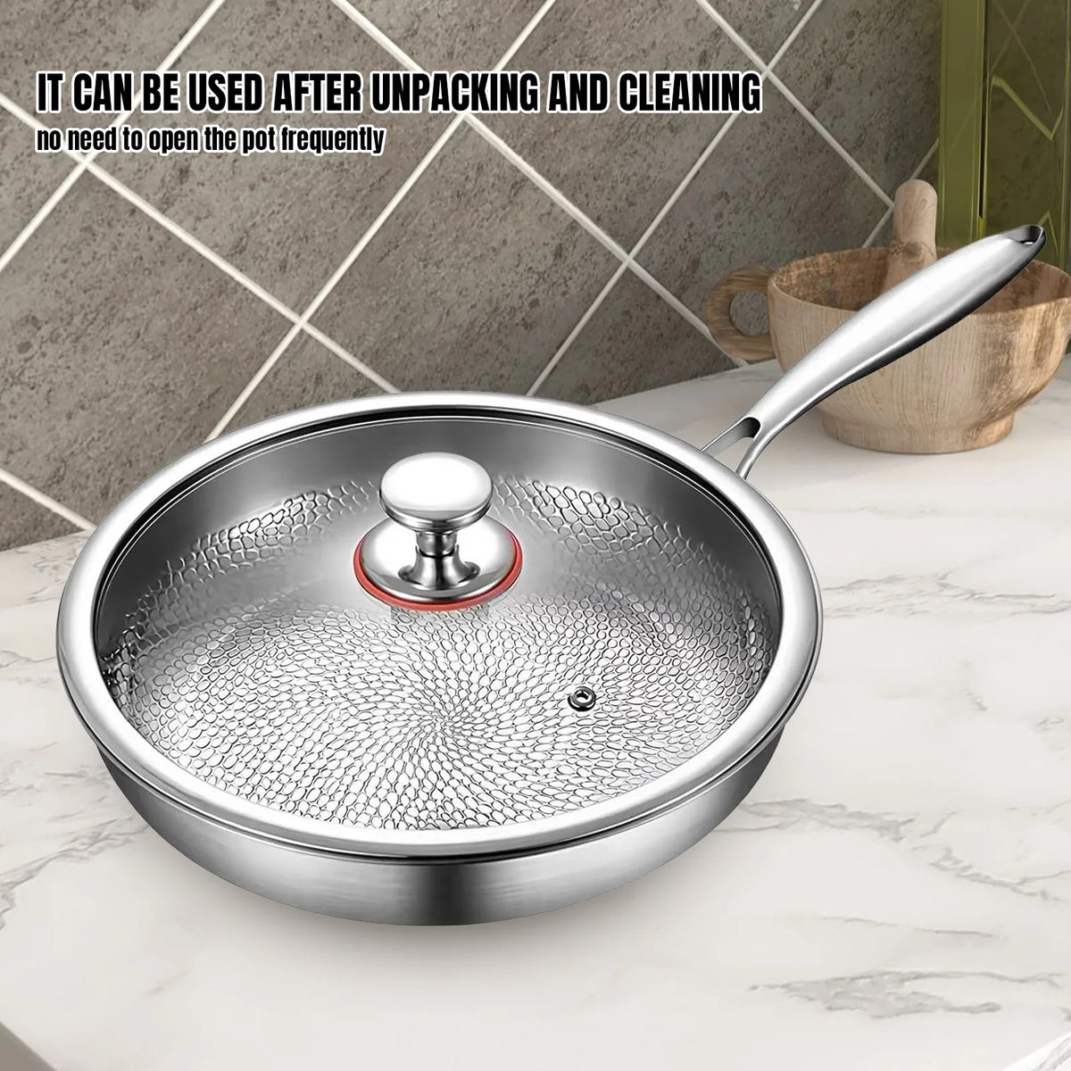 Stainless Steel Hammered Frying Pan with Glass Lid – 26cm, 28cm & 30cm
