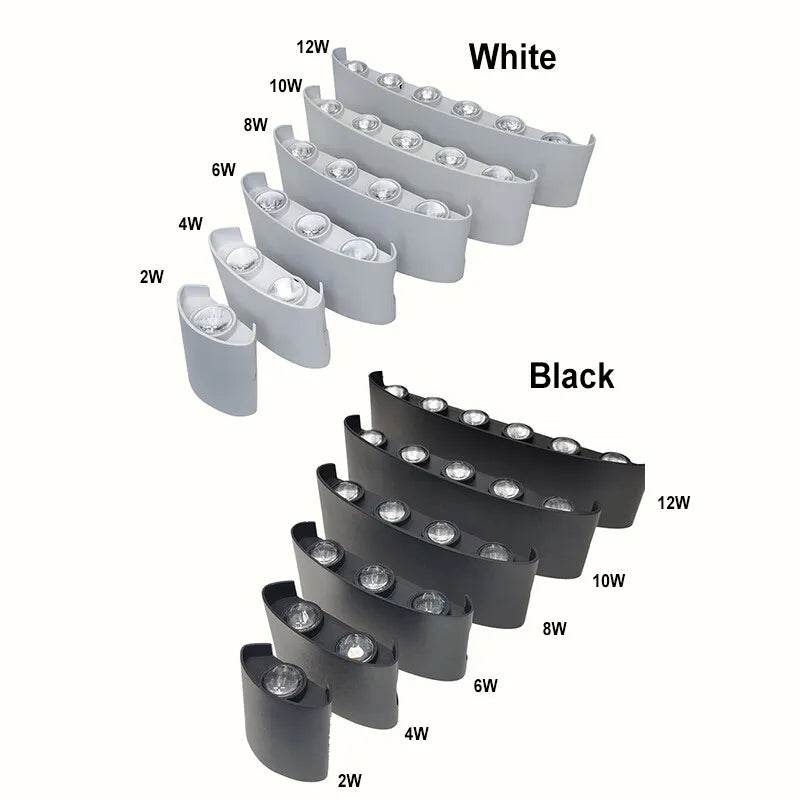 Collection of modern LED wall sconces in various wattages and colors, including black and white options