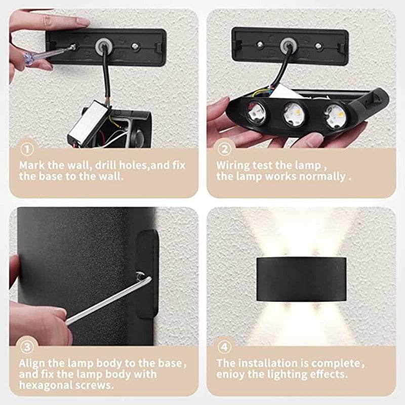Installation guide for modern LED wall sconces showing wiring and mounting steps