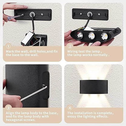 Installation guide for modern LED wall sconces showing wiring and mounting steps