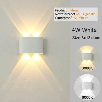 Modern LED wall sconces with a sleek design, featuring white ABS and aluminum for waterproof enjoyment