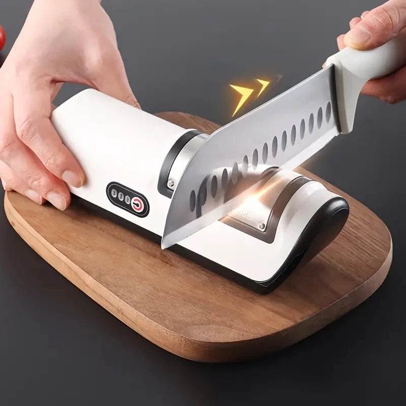 Fitzsi Essentials multifunctional sharpener gadget for easy and efficient knife sharpening on a wooden cutting board