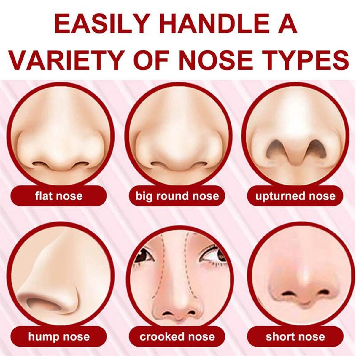 Nose clip for reshaping designed to fit various nose types including flat, round, and upturned noses