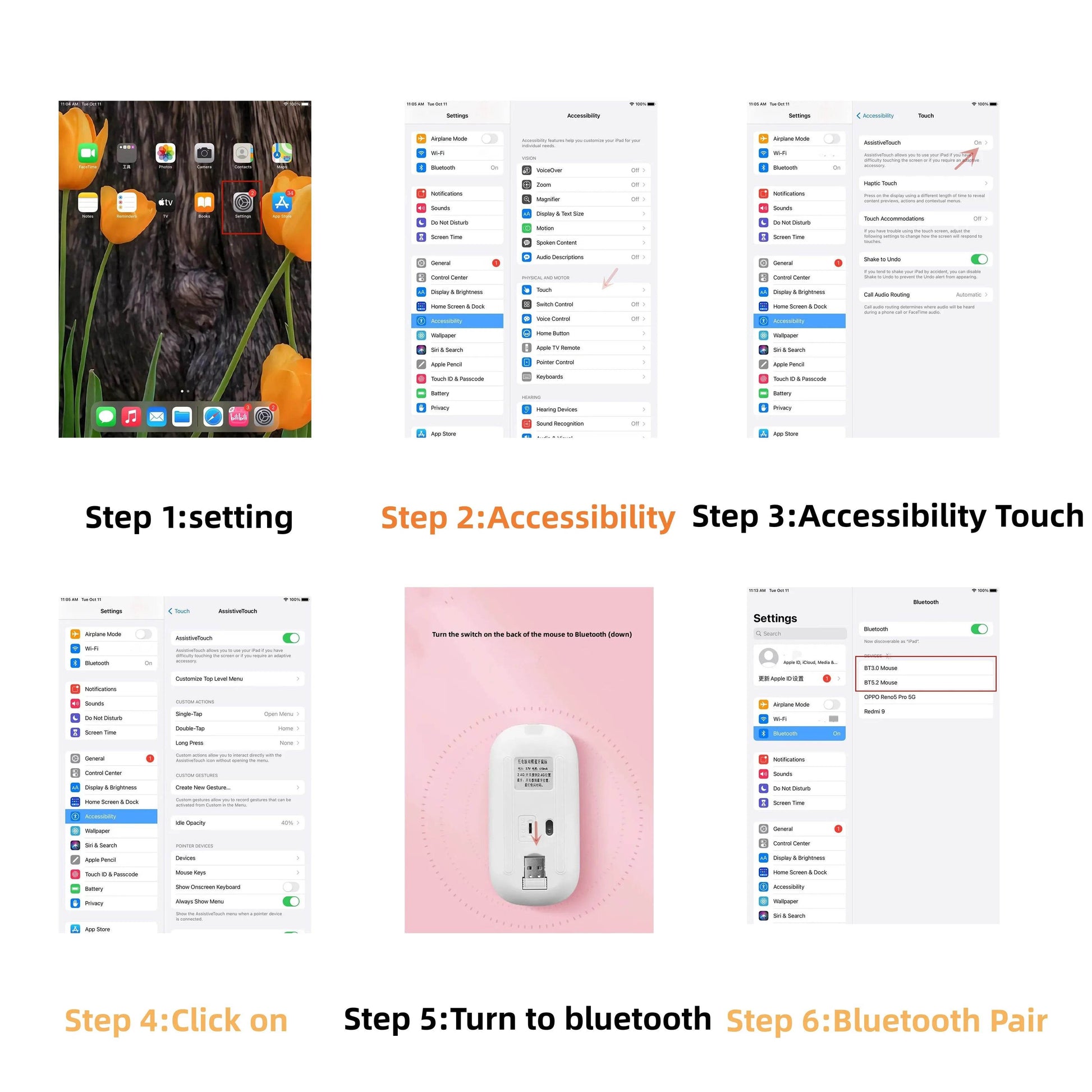Instructions for setting up a rechargeable Bluetooth wireless mouse on a device