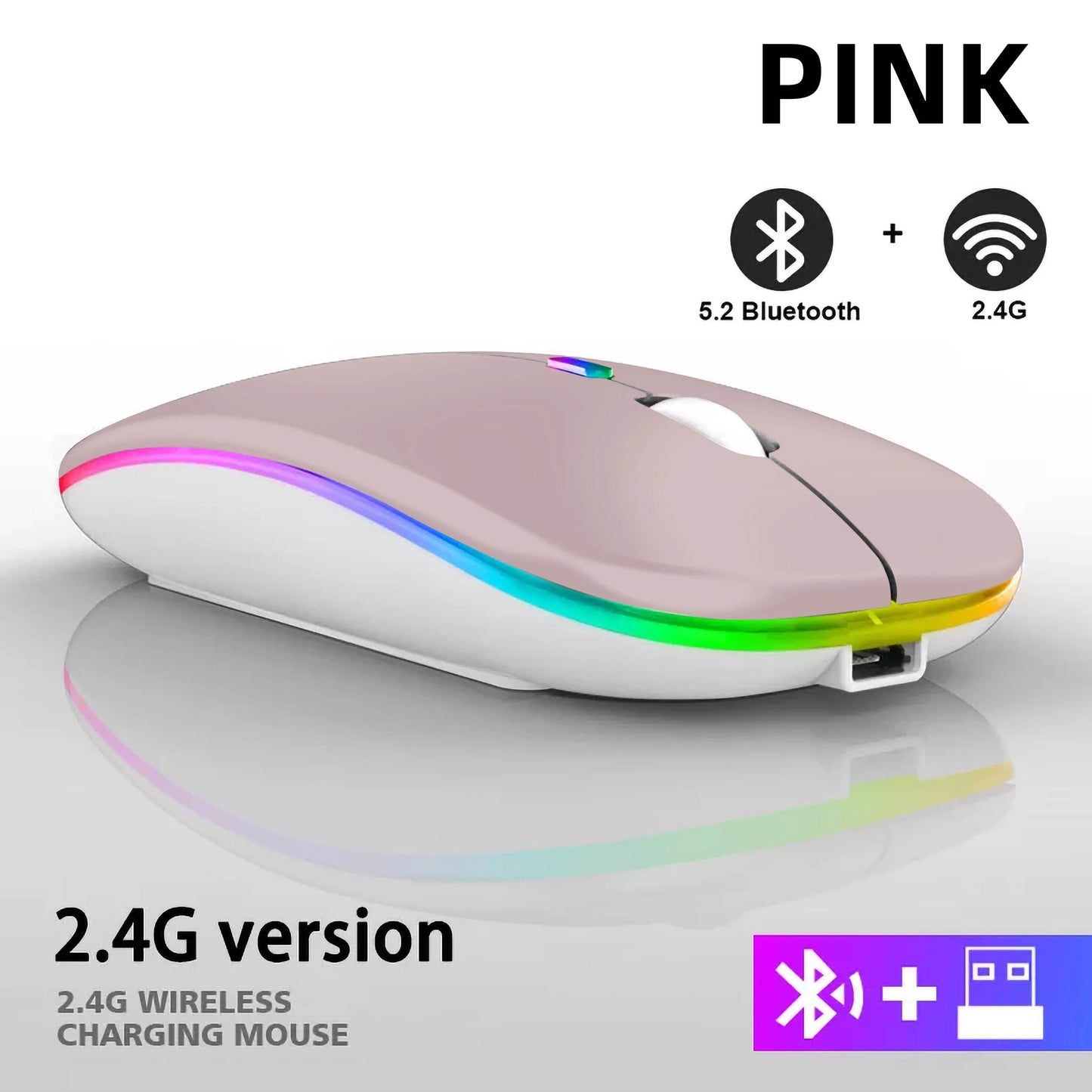 Pink rechargeable Bluetooth wireless mouse with 2.4G connectivity and stylish LED design