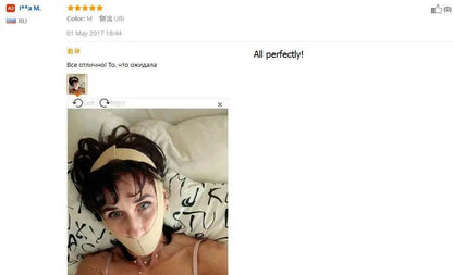 Woman wearing a V line face slimming band for a defined jawline and enhanced facial contours