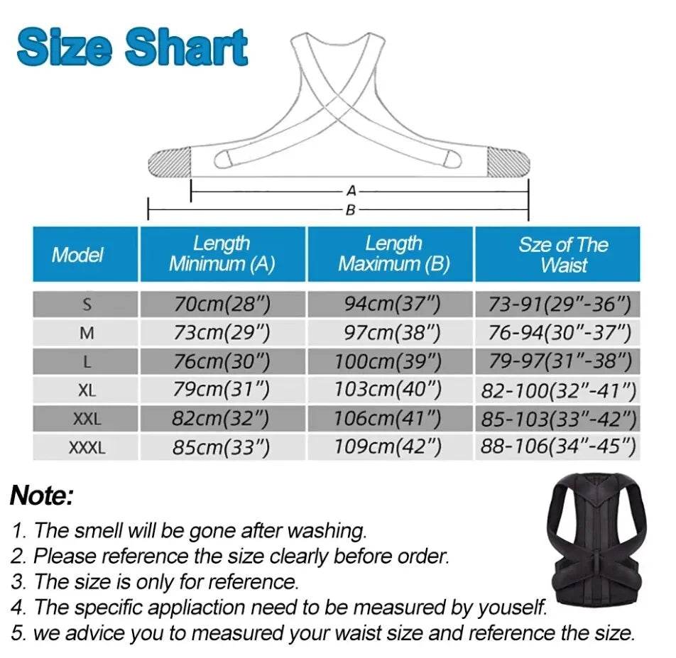 Fitzsi Essentials adjustable posture corrector size chart with measurements for optimum fit and comfort