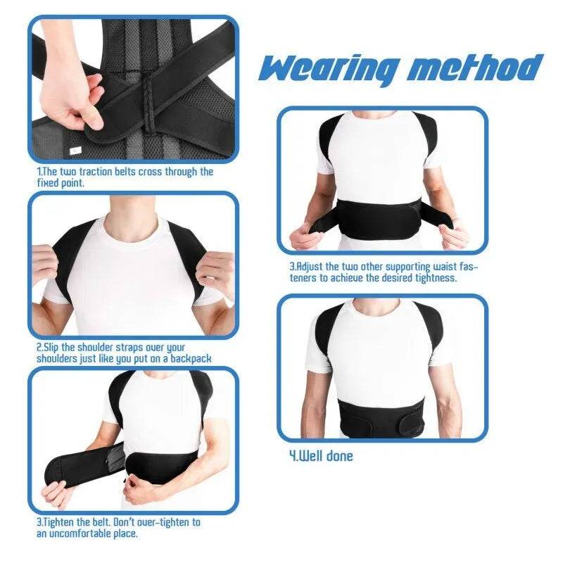 Instructions for using the adjustable posture corrector with clear step-by-step visuals for proper wearing