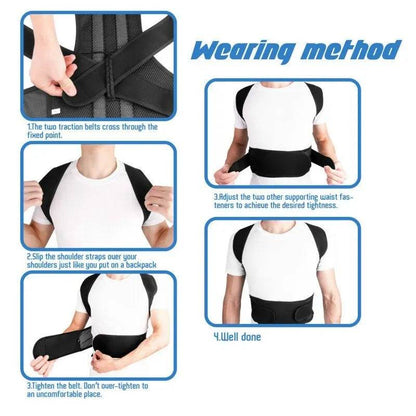 Instructions for using the adjustable posture corrector with clear step-by-step visuals for proper wearing