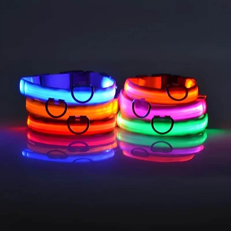 Colorful stack of Fitzsi Essentials nylon LED pet collars glowing in various lights for nighttime visibility