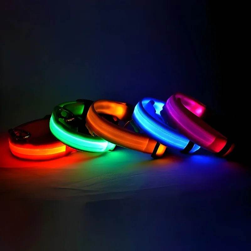 Colorful nylon LED pet collar with adjustable fit for nighttime visibility and safety