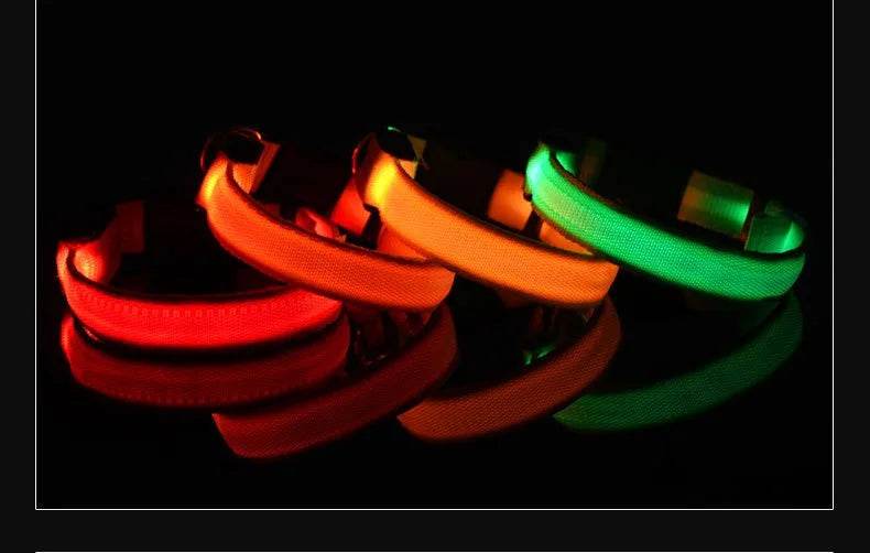 Colorful nylon LED pet collar in red, orange, and green for nighttime visibility