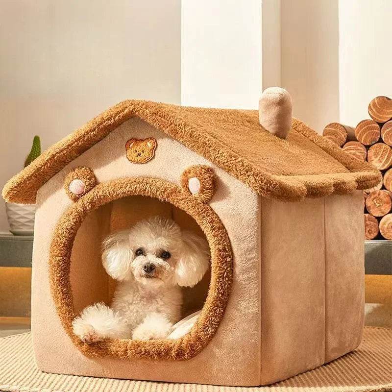 Cozy washable cat and dog bed in a cute house shape for small pets with soft, plush fabric