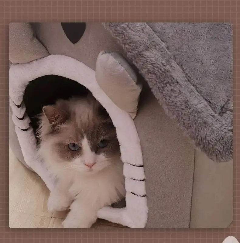 Cozy gray washable cat and dog bed with playful design featuring a soft entrance for pets