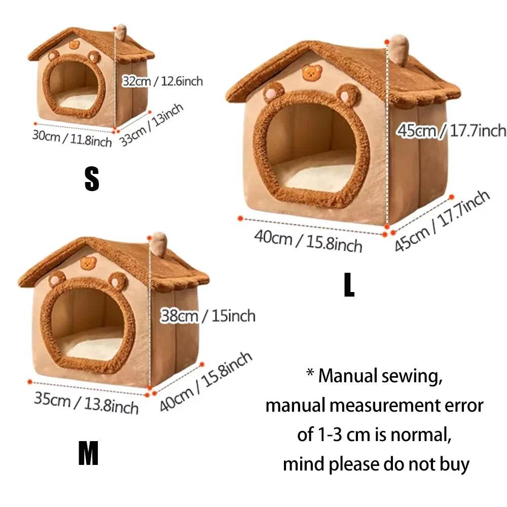 Washable cat and dog bed in three sizes with a cozy house design for pets