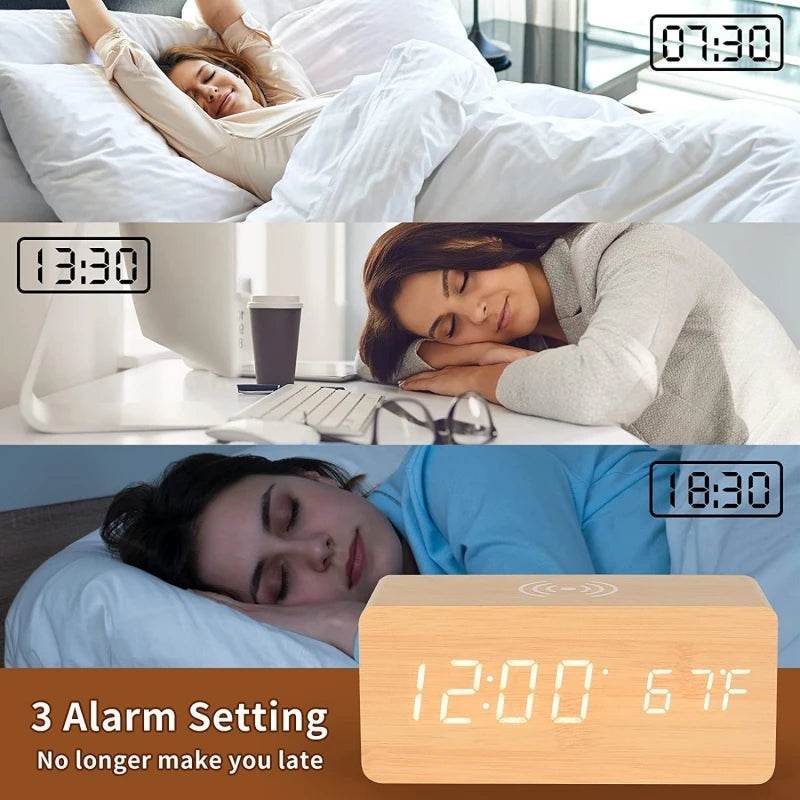 Voice control wooden alarm clock with 3 alarm settings and temperature display for easy wake-up
