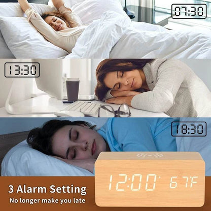 Voice control wooden alarm clock with 3 alarm settings and temperature display for easy wake-up