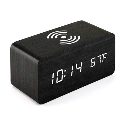 Voice control wooden alarm clock with sleek design and temperature display for modern bedrooms