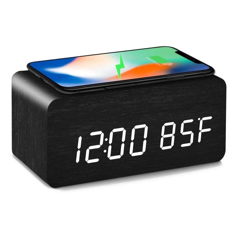 Fitzsi Essentials voice control wooden alarm clock with digital display and smartphone charging feature