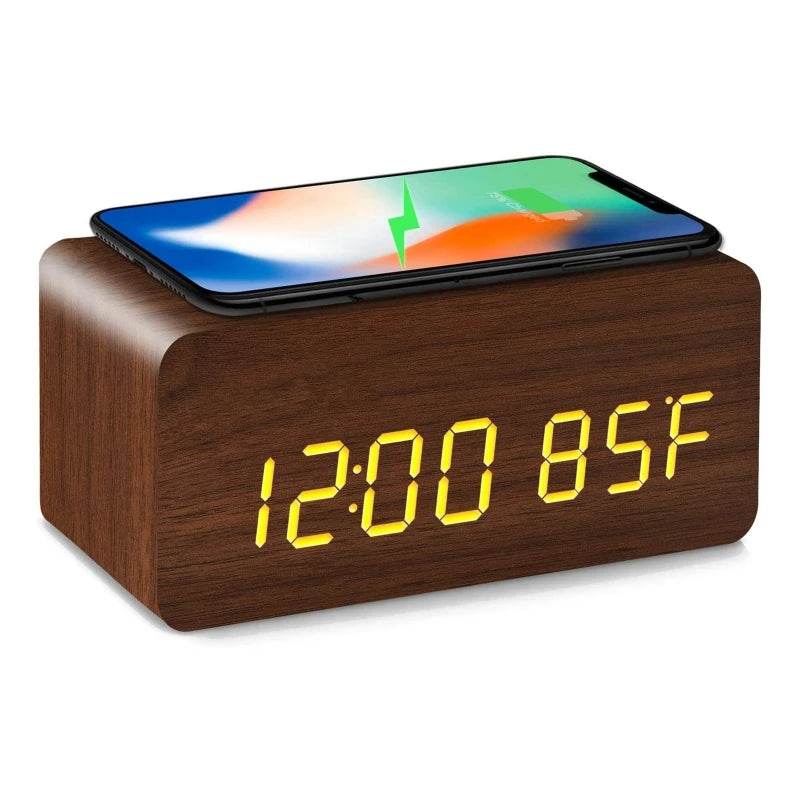Fitzsi Essentials voice control wooden alarm clock with digital display and phone charging feature