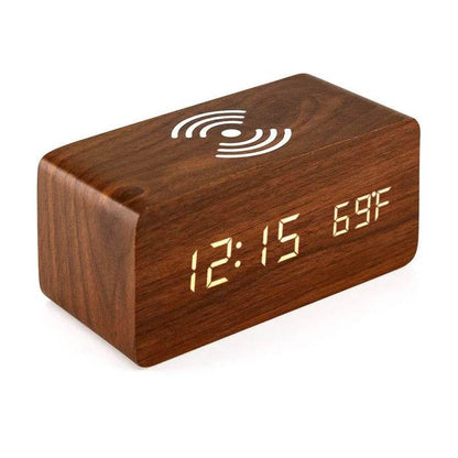 Voice control wooden alarm clock with LED display showing time and temperature in a sleek design